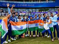 Indian team celebrate after claiming gold in the Asian Games Men's Cricket section